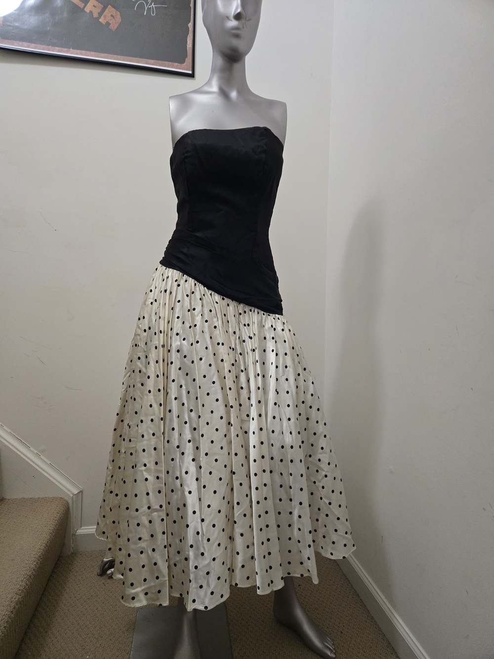 Vintage 1980's Black Strapless Top with Ivory Polka Dot Skirt
